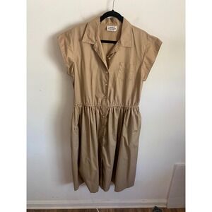 Sunshine Alley Vintage Tan Shirt Dress Cap Sleeve Elastic Waist Midi Pockets